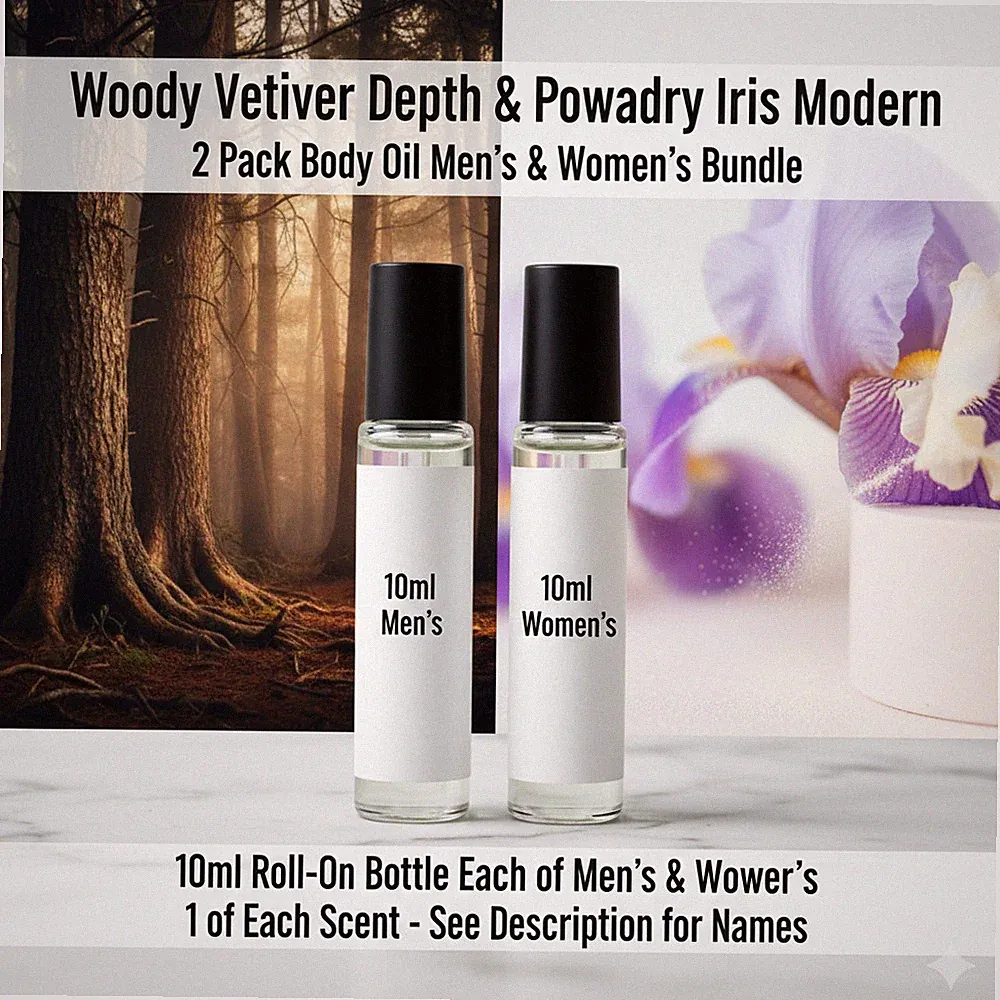 Woody Vetiver Depth & Powdery Iris 2 Pack 10ML RollOn Perfume Body Oil Bundle